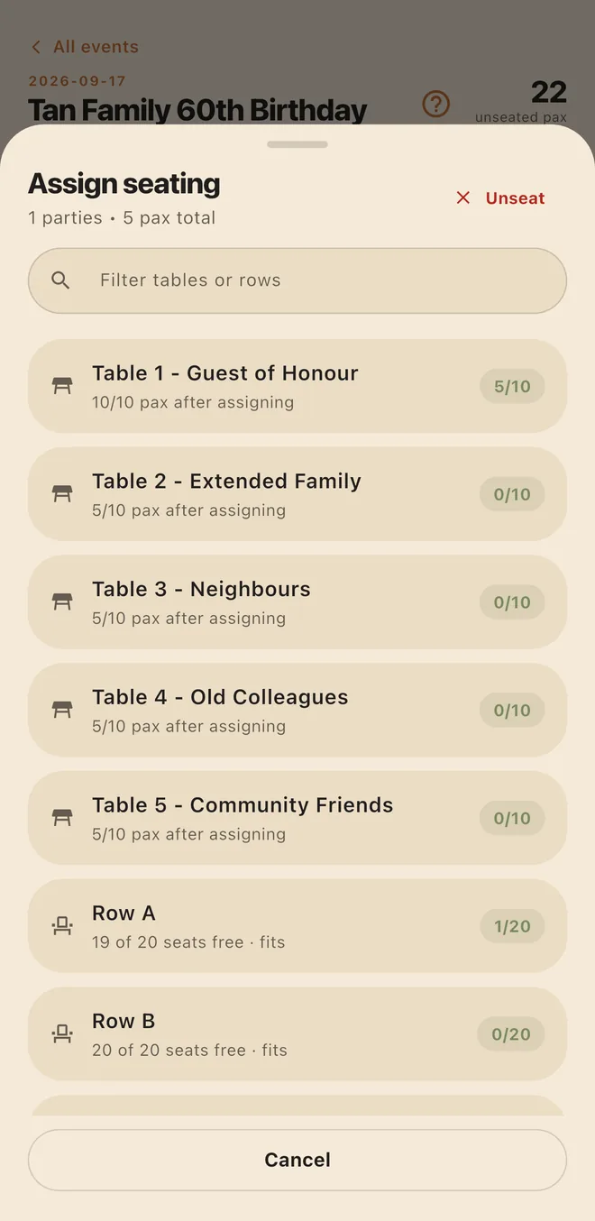 PreSeated assign screen: guests selected and being moved to a table.