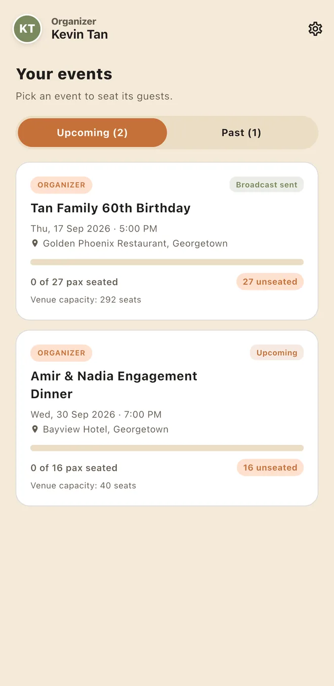 PreSeated events list: several events with their dates and guest counts.
