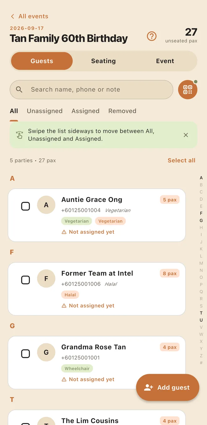 PreSeated guest directory: names grouped A to Z with pax counts and seating notes.